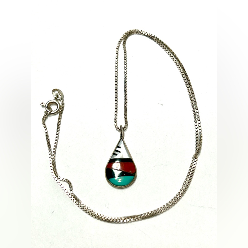 Navajo Inlay Zulu Necklace Chain Pendant Sterling Silver